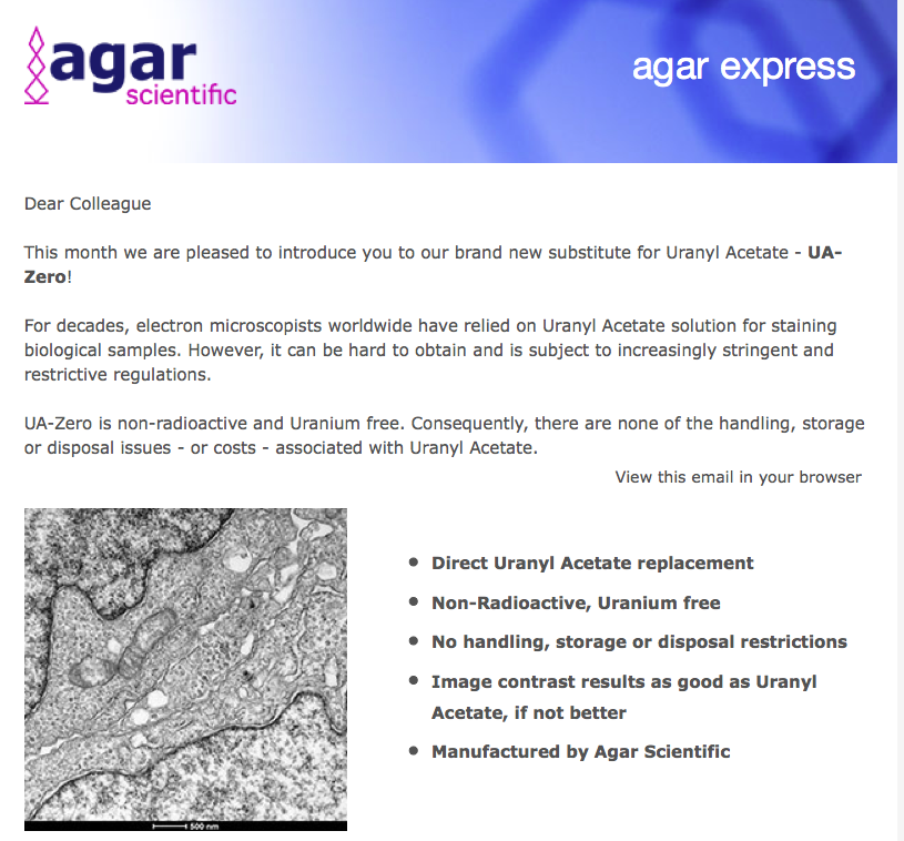 Agar Express May 2019 - Introducing our Uranium free & non-toxic Uranyl Acetate replacement... UA-Zero!