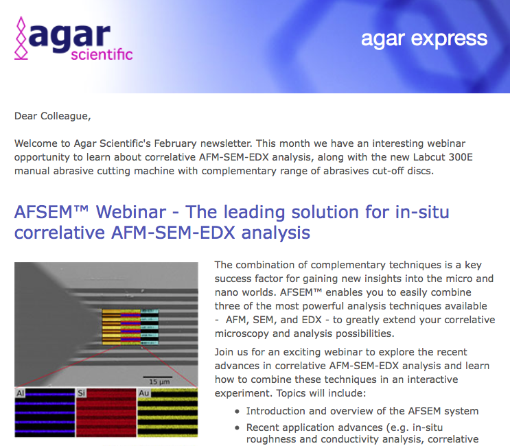 Agar Express February 2017 - join our AFSEM webinar, plus the new Labcut 300E abrasive cutting machine and discs